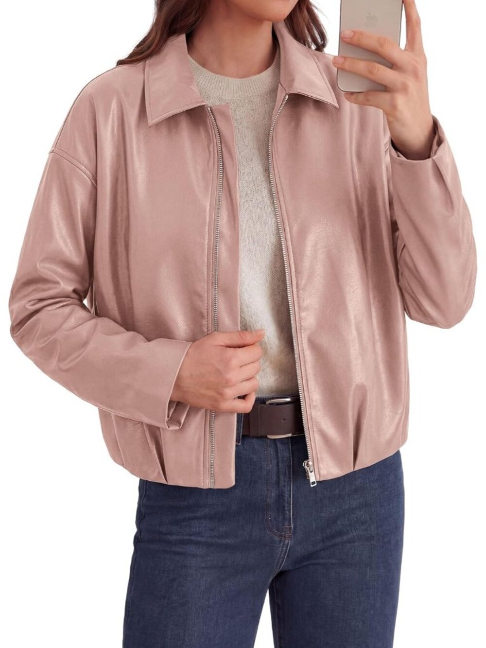 Women's Pink Faux Leather Motorcycle Jacket Cropped Zip Up Collared Coat